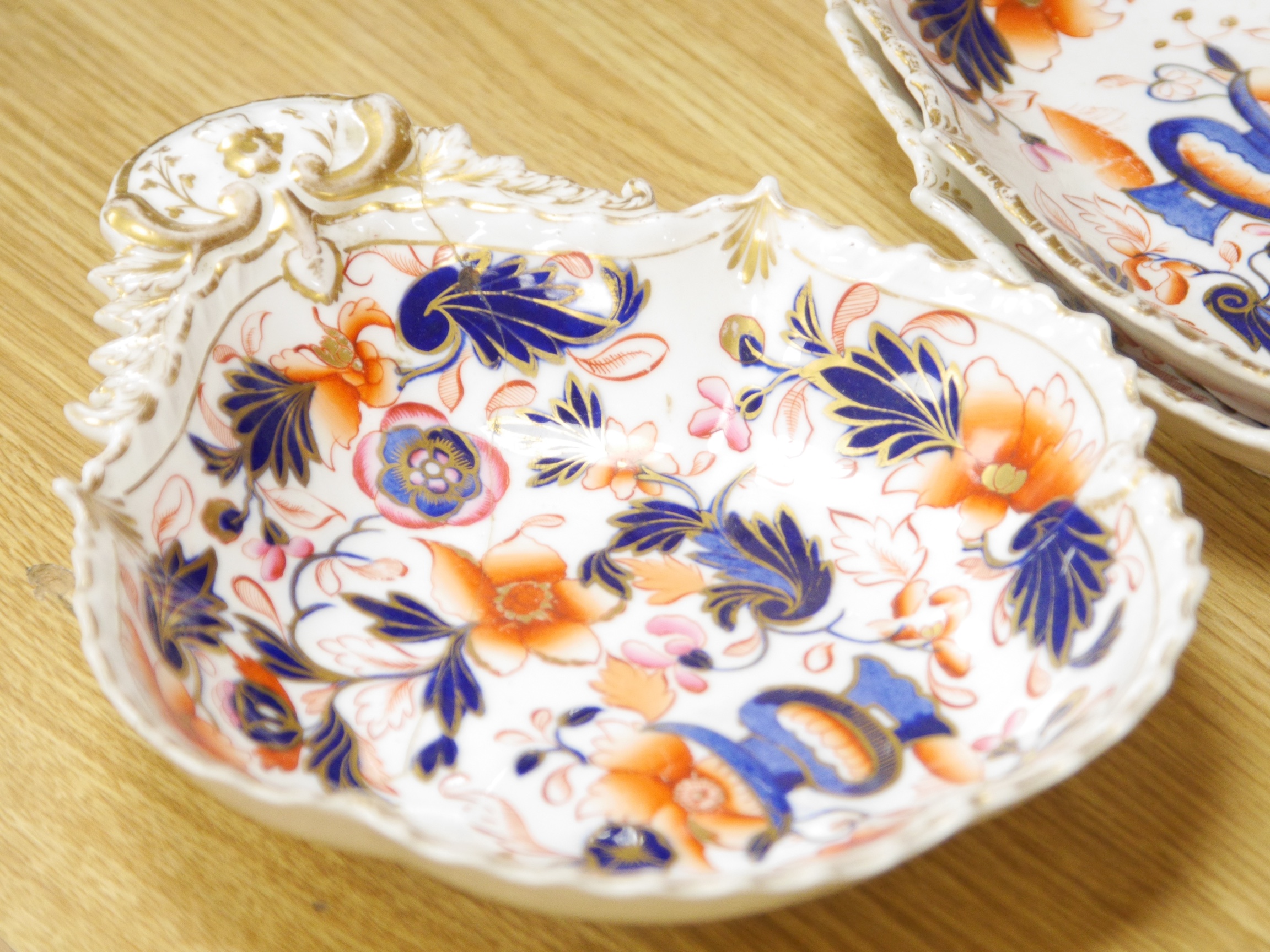 An early 19th century English porcelain Imari pattern part dessert set, possibly Coalport, Condition - fair to good